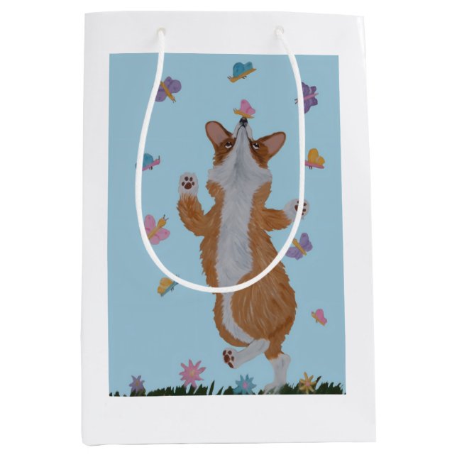 Dancing Welsh Corgi with Butterflies Medium Gift Bag (Front)
