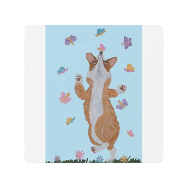 Dancing   Welsh Corgi with butterflies Metal Print (Front)