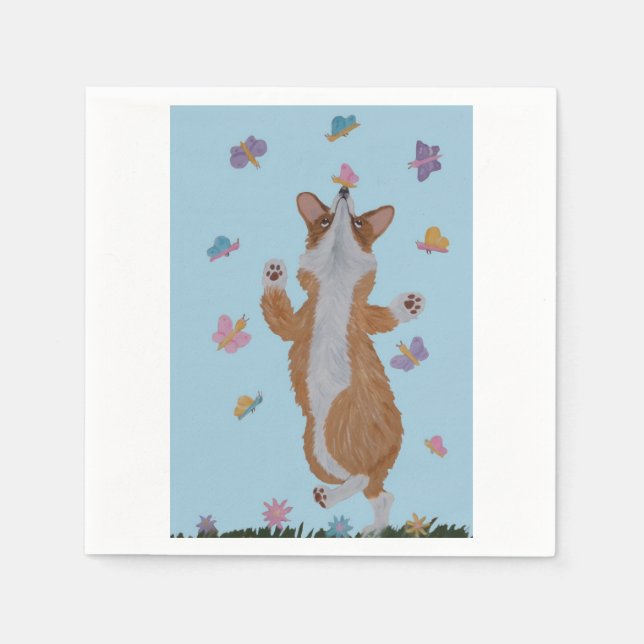 Dancing  Welsh Corgi with Butterflies Napkins (Front)