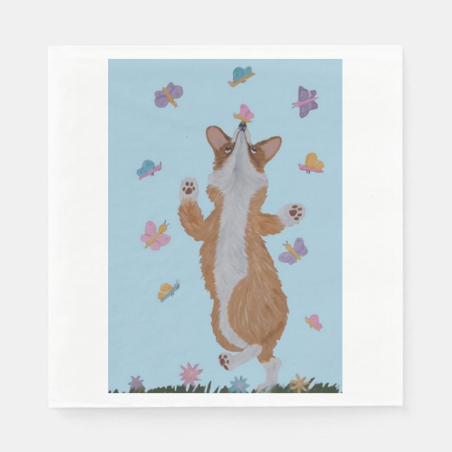Dancing Welsh Corgi with Butterflies Napkins (Front)