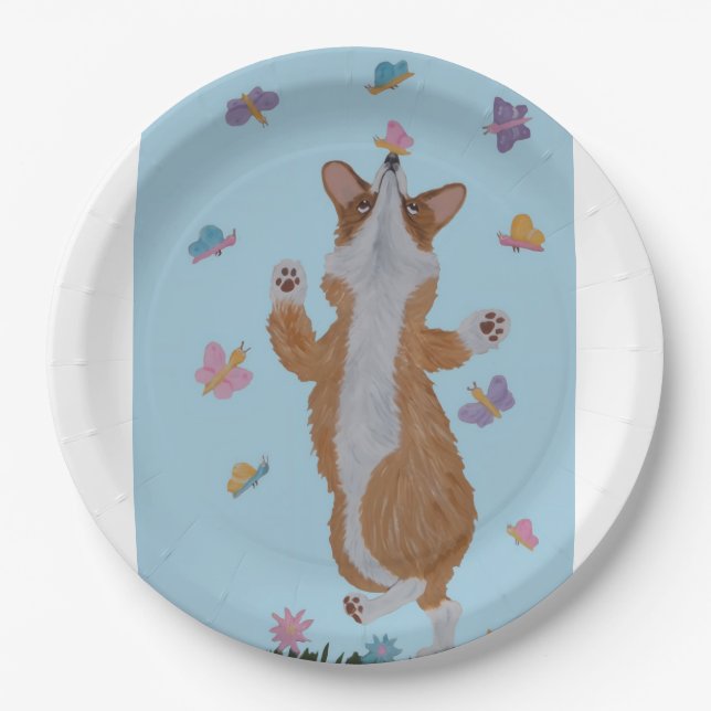 Dancing Welsh Corgi with Butterflies Paper Plates (Front)