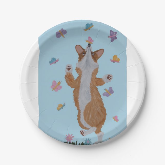 Dancing Welsh Corgi with Butterflies Paper Plates (Front)