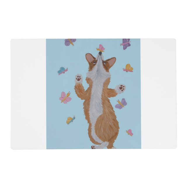 Dancing Welsh Corgi with Butterflies Placemat (Front)