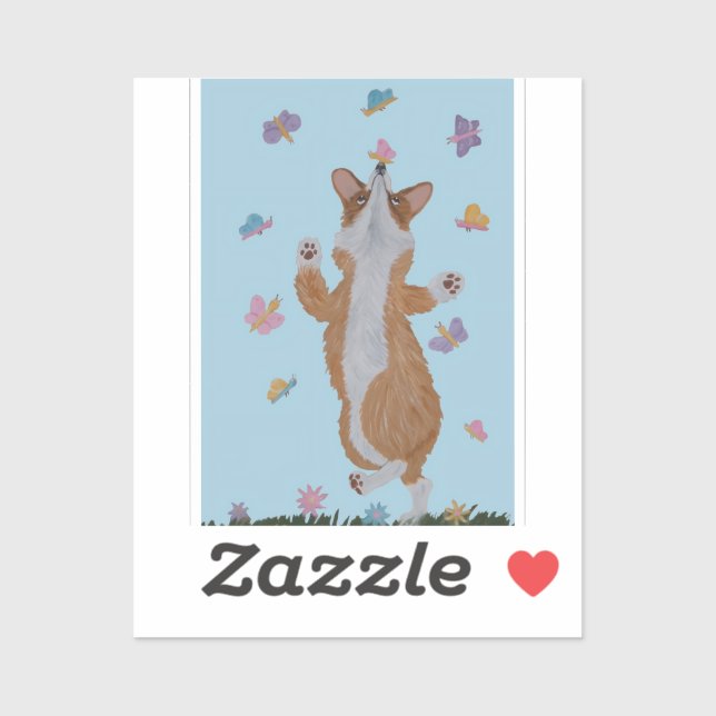 Dancing  Welsh Corgi with Butterflies Sticker (Sheet)