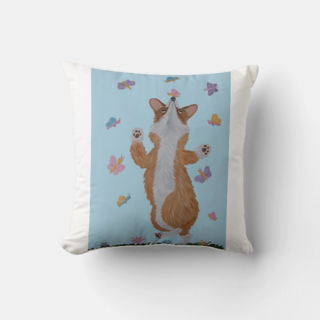 Dancing Welsh Corgi with Butterflies Throw Pillow (Front)