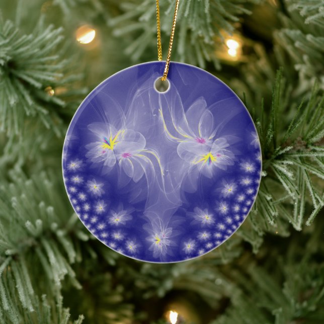 Dancing White-Gold Fractal Water Lilies Ceramic Ornament (Tree)