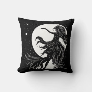 dancing witch in moonlight halloween A.I. fun Throw Pillow