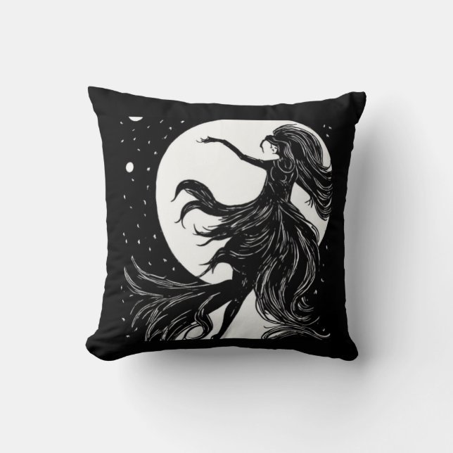 dancing witch in moonlight halloween A.I. fun Throw Pillow (Front)