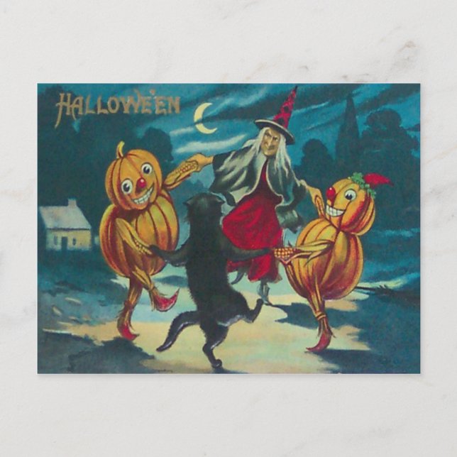 Dancing Witch Jack O' Lantern Monster Black Cat Postcard (Front)