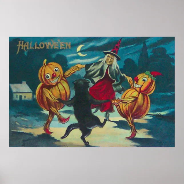 Dancing Witch Jack O' Lantern Monster Black Cat Poster | Zazzle