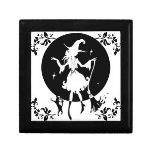 Dancing witch with broom and cat jewelry box