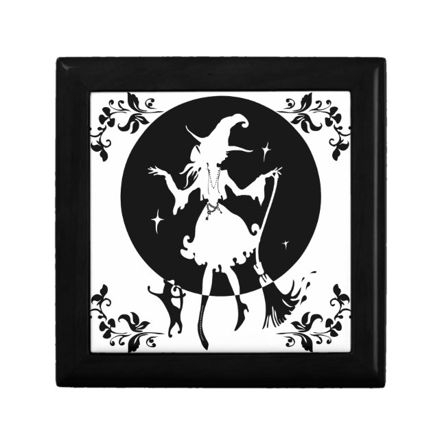 Dancing witch with broom and cat jewelry box (Front)