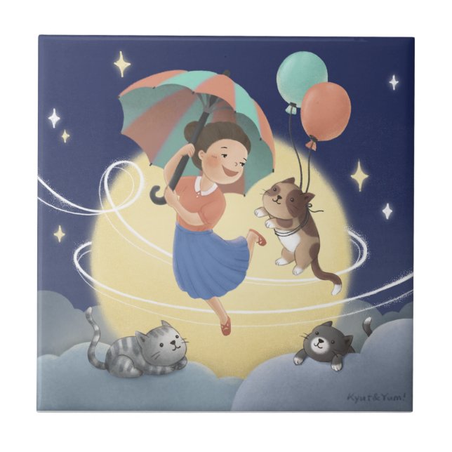 Dancing with Cats at Moonlit Night Ceramic Tile (Front)