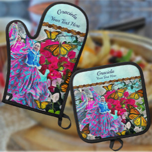 Dancing with Flowers & Butterflies PV01 Oven Mitt & Pot Holder Set