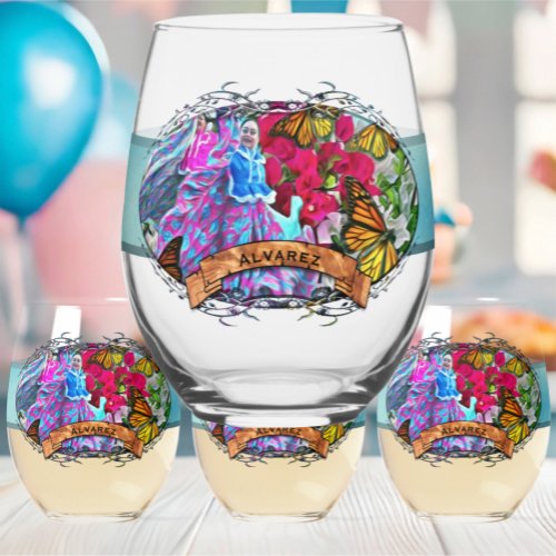 Dancing with Flowers  Butterflies PV01 Stemless Wine Glass