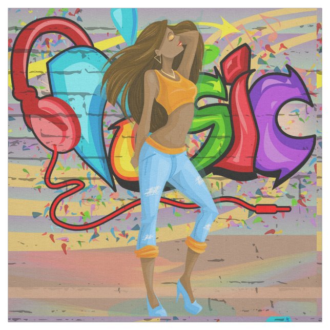 Dancing Woman 1 Music Graffiti Wall Fabric (Swatch)