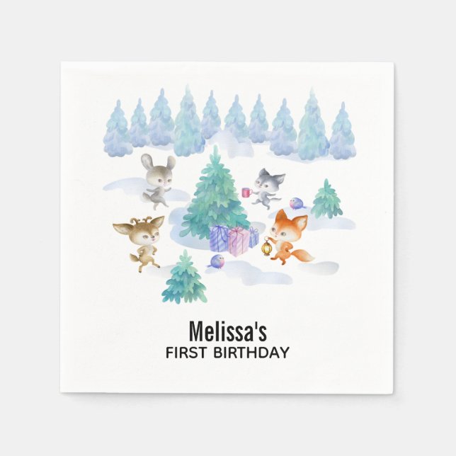 Dancing Woodland Animals Watercolor Birthday Napkins (Front)