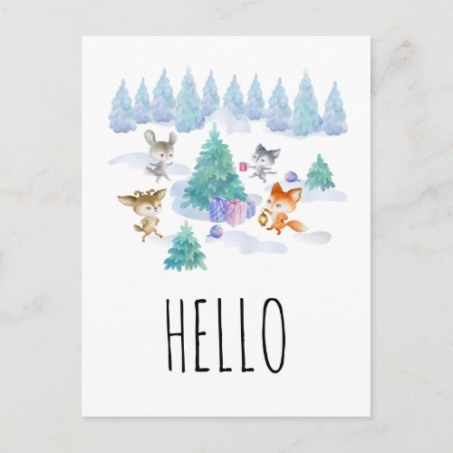 Dancing Woodland Animals Watercolor Hello Postcard