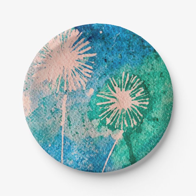 Dandelion abstract watercolor painted paper plates (Front)