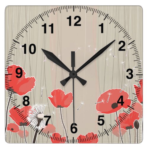 Dandelion and poppy flowers illustration quote square wall clock