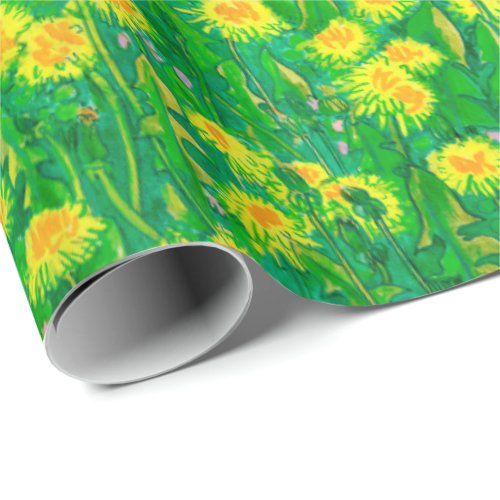 Dandelion Bloom Summer Flowers Floral Green Yellow Wrapping Paper