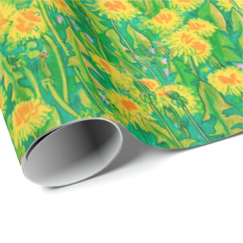 Dandelion Bloom Summer Flowers Floral Green Yellow Wrapping Paper