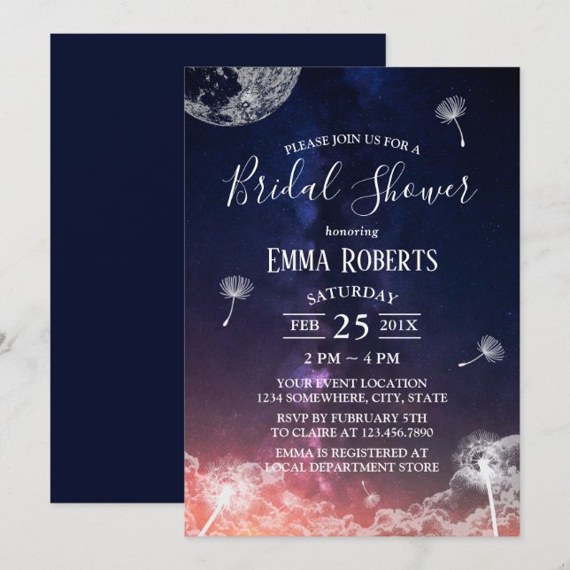 Dandelion Blowing Moon & Stars Bridal Shower Invitation (Front/Back)