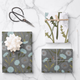 Dandelion Blue Gray Flowers Pattern Wrapping Paper Sheets