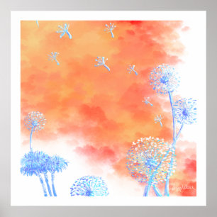 Dandelion clocks against coral orange clouds canva poster