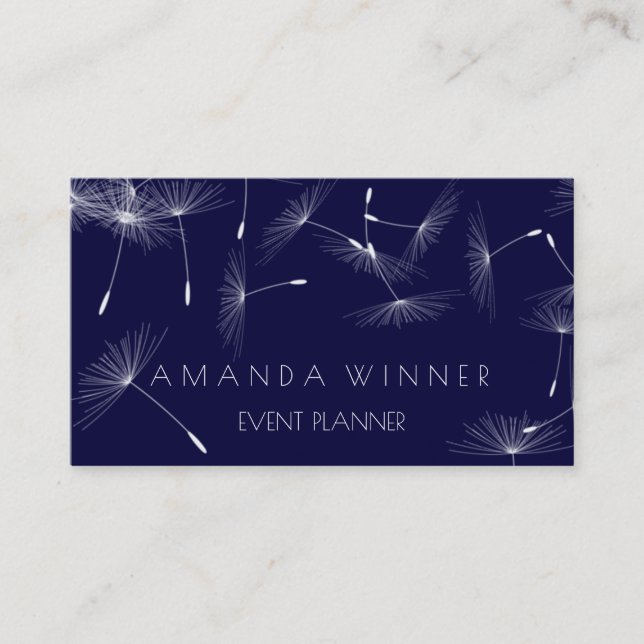 Dandelion Confetti Blue Navy White Event Business Card (Front)