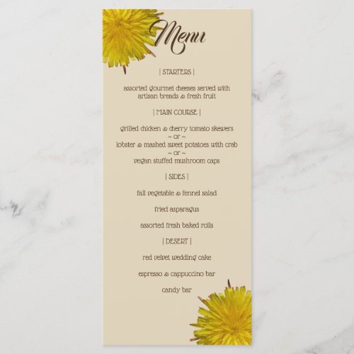 Dandelion Country Wedding Menu Rustic Reception