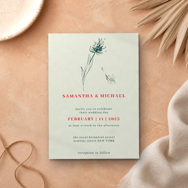 Dandelion Fall Flower Green Red Indie Botanical Invitation