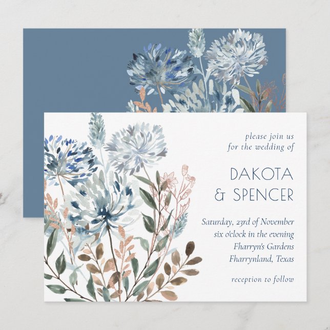Dandelion Floral | Dusty Blue Garden Muted Wedding Invitation (Front/Back)