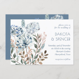 Dandelion Floral Dusty Blue Garden Muted Wedding Invitation
