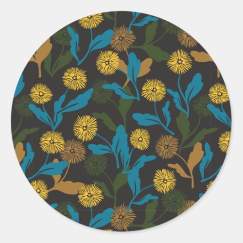 Dandelion floral pattern black ver classic round sticker