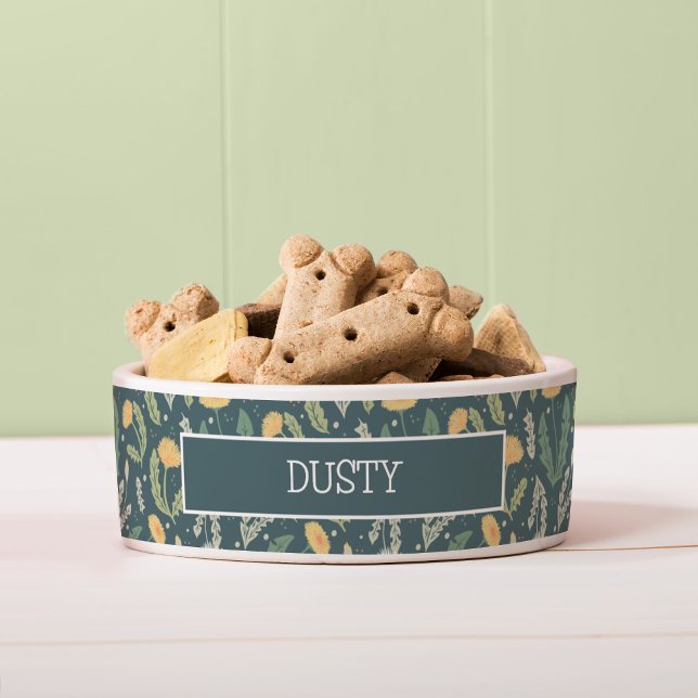 Dandelion Floral Weed Pattern Bowl (Dandelion Pattern Dog Bowl with Dog Name Spot)
