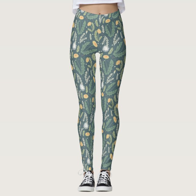 Dandelion Floral Weed Pattern Leggings (Front)