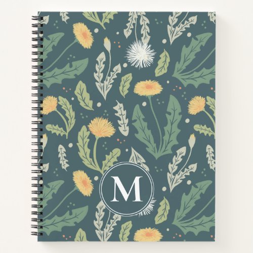 Dandelion Floral Weed Pattern  Monogram Notebook