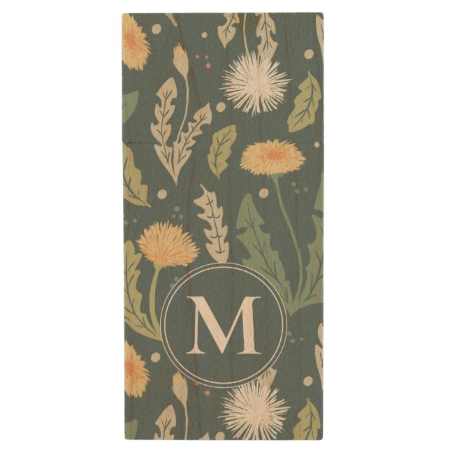 Dandelion Floral Weed Pattern Wood Flash Drive (Front Vertical)