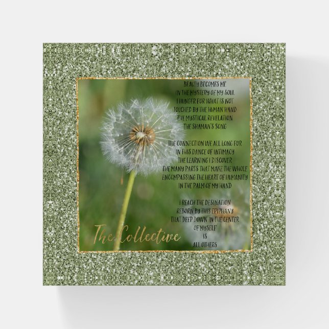 Dandelion Flower Collective Poem (written by me) Paperweight (Front)