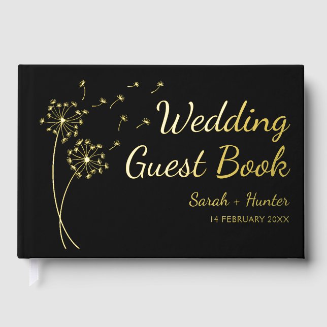 Dandelion Flower Gold Foil Wedding Guest Book (Front)