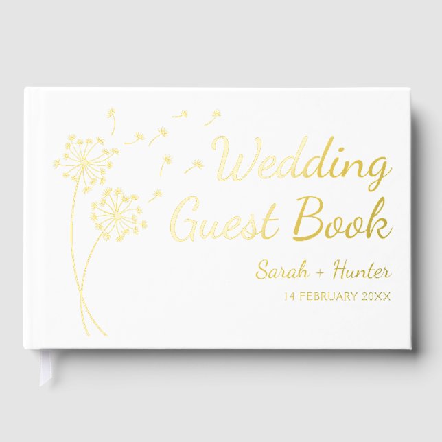 Dandelion Flower Gold Foil Wedding Guest Book (Front)