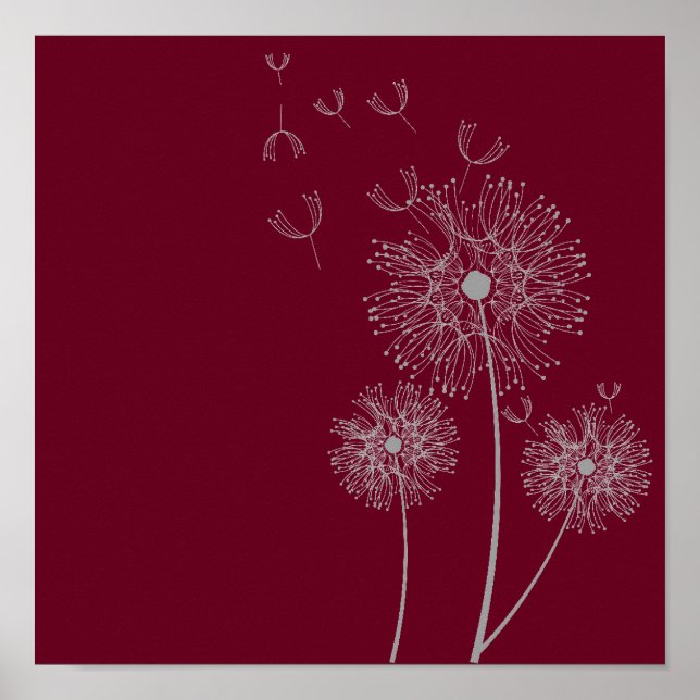 Dandelion flower on burgundy art poster (Front)
