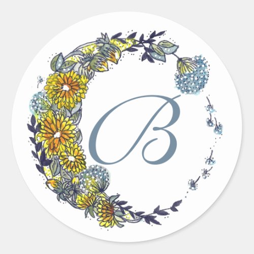 Dandelion Flower Wreath Monogram Classic Round Sticker