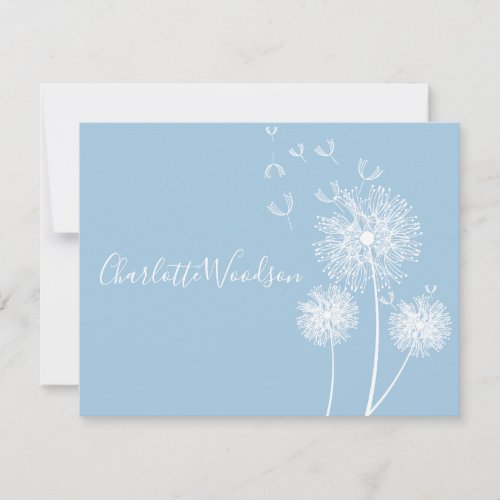 Dandelion Flowers Dusty Blue Script Name Note Card