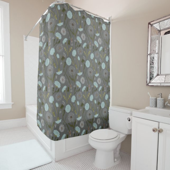 Dandelion Flowers Gray Blue Shower Curtain (In Situ)