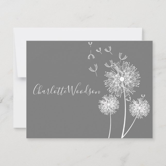 Dandelion Flowers Gray Script Name Note Card (Front)