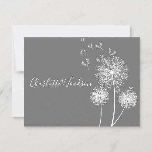 Dandelion Flowers Gray Script Name Note Card