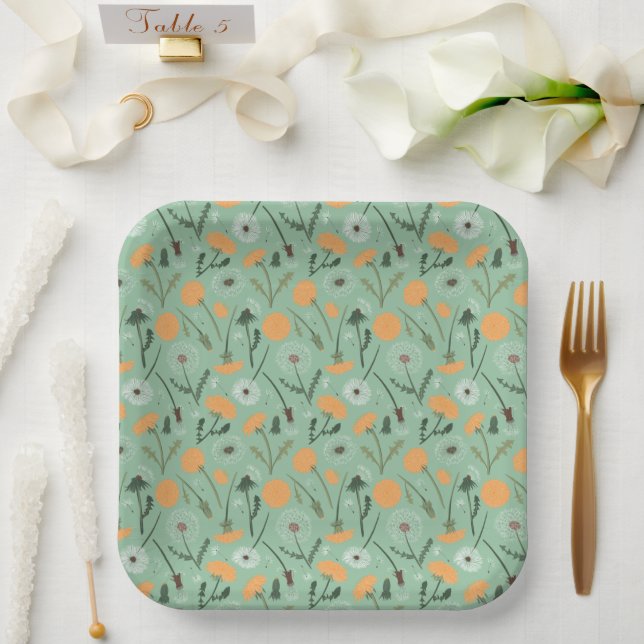 Dandelion Flowers Orange Floral Pattern Paper Plates (Wedding)