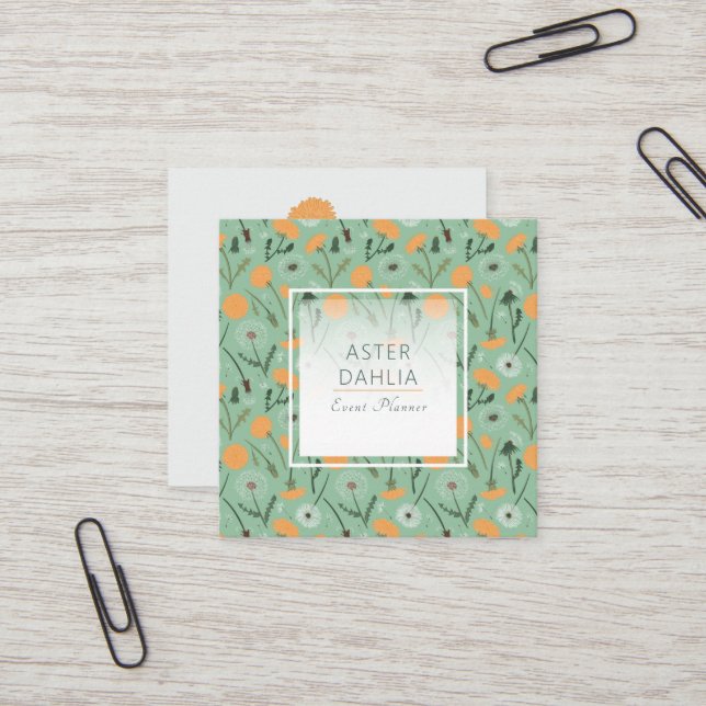 Dandelion Flowers Orange Floral Pattern Square Business Card (Front/Back In Situ)